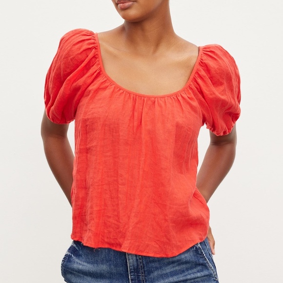 Velvet Dana Linen Puff Sleeves Scoop Neck Top NWT - Picture 1 of 4